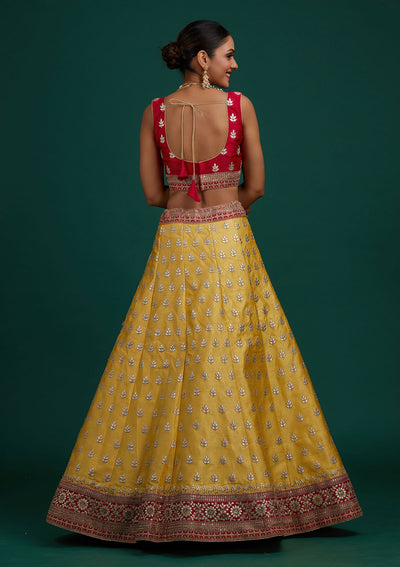Yellow Gotapatti Raw Silk Designer Semi-Stitched Lehenga - Koskii
