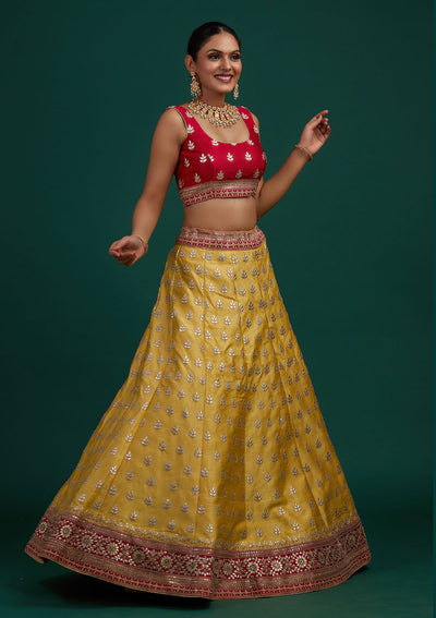 Yellow Gotapatti Raw Silk Designer Semi-Stitched Lehenga - Koskii