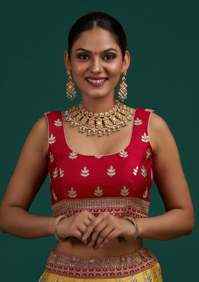 Yellow Gotapatti Raw Silk Designer Semi-Stitched Lehenga - Koskii
