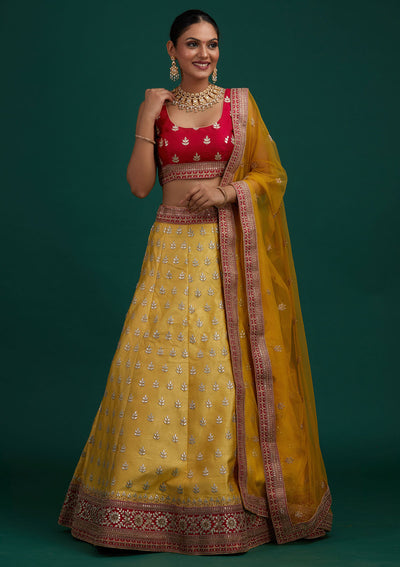 Yellow Gotapatti Raw Silk Designer Semi-Stitched Lehenga - Koskii