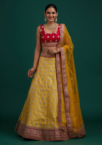 Yellow Gotapatti Raw Silk Designer Semi-Stitched Lehenga - Koskii