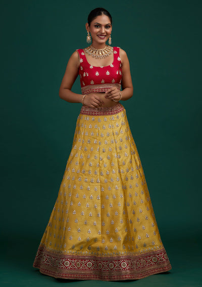 Yellow Gotapatti Raw Silk Designer Semi-Stitched Lehenga - Koskii