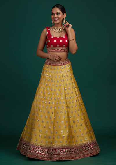 Yellow Gotapatti Raw Silk Designer Semi-Stitched Lehenga - Koskii