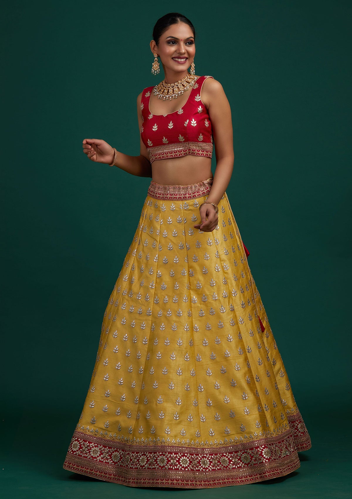 Yellow Gotapatti Raw Silk Designer Semi-Stitched Lehenga - Koskii