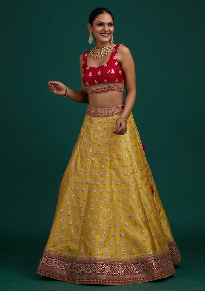 Yellow Gotapatti Raw Silk Designer Semi-Stitched Lehenga - Koskii
