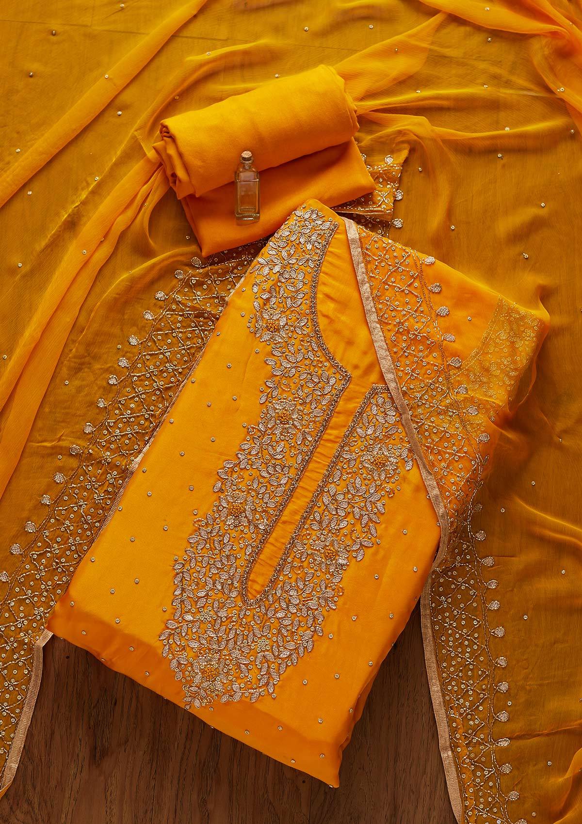 Yellow Gotapatti Semi Crepe Designer Unstitched Salwar Suit - koskii
