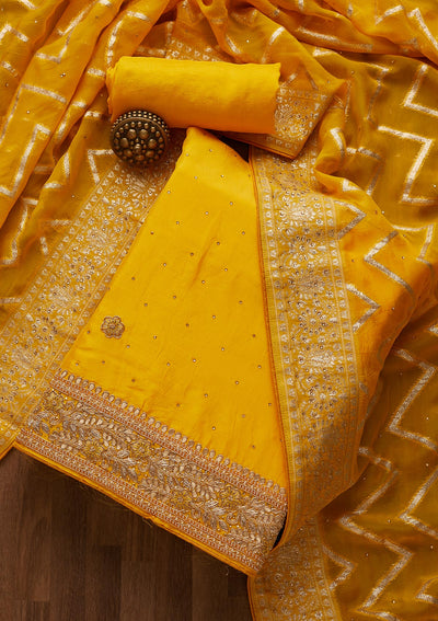 Yellow Gotapatti Semi Crepe Unstitched Salwar Suit-Koskii