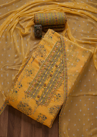 Yellow Mirrorwork Cotton Unstitched Salwar Suit- Koskii