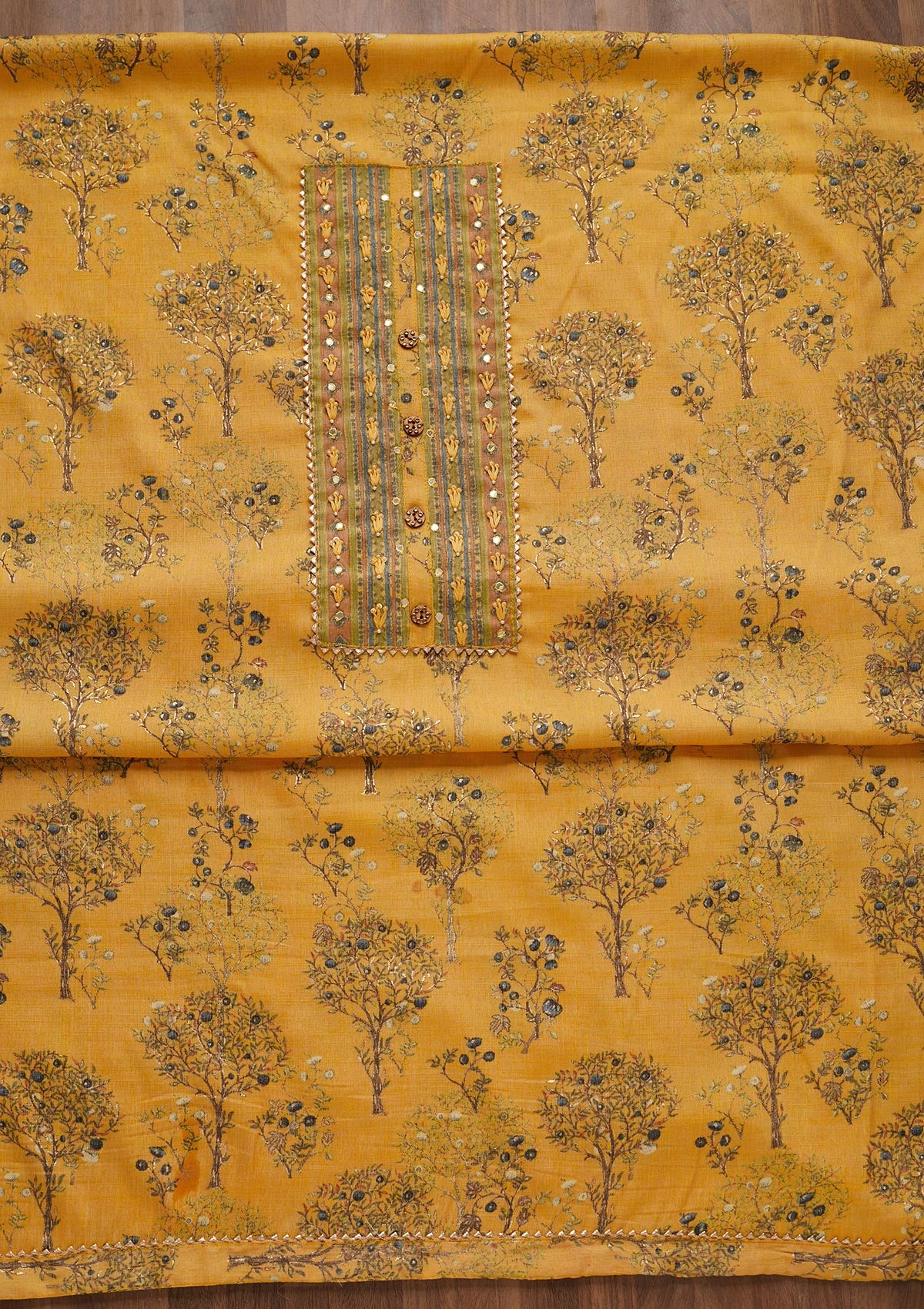 Yellow Mirrorwork Cotton Unstitched Salwar Suit - Koskii