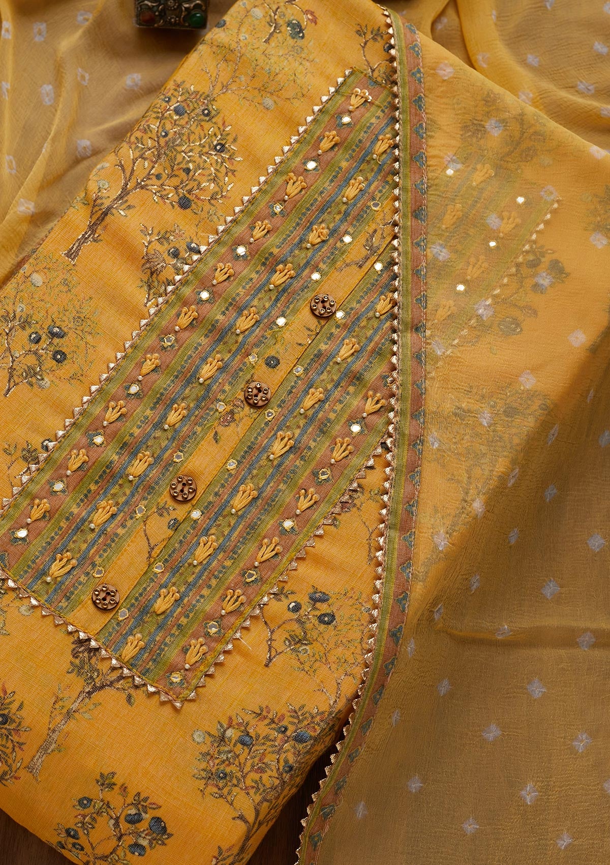 Yellow Mirrorwork Cotton Unstitched Salwar Suit - Koskii