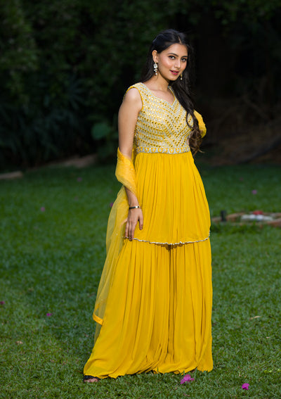 Yellow Mirrorwork Georgette Readymade Salwar Suit-Koskii