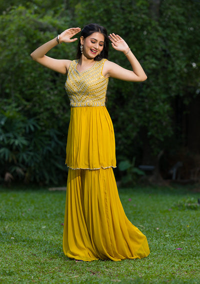 Yellow Mirrorwork Georgette Readymade Salwar Suit-Koskii