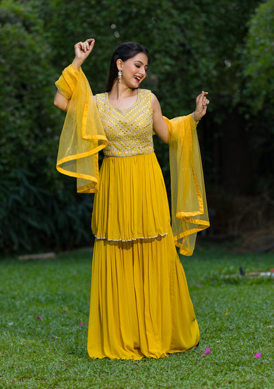 Yellow Mirrorwork Georgette Readymade Salwar Suit-Koskii