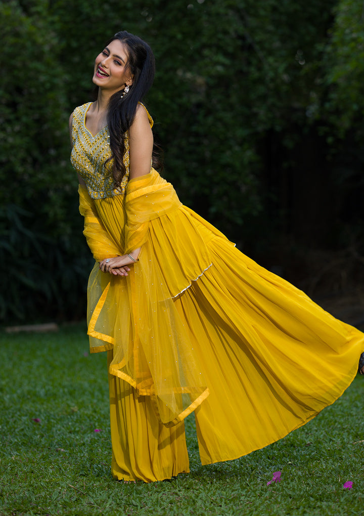 Yellow Mirrorwork Georgette Readymade Salwar Suit-Koskii