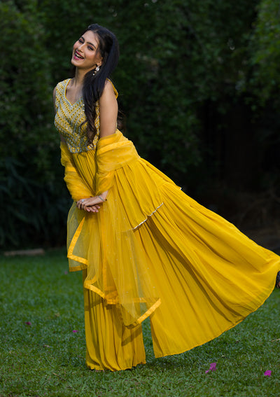 Yellow Mirrorwork Georgette Readymade Salwar Suit-Koskii
