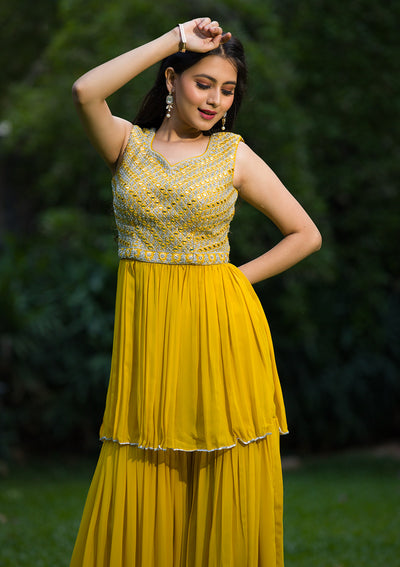 Yellow Mirrorwork Georgette Readymade Salwar Suit-Koskii