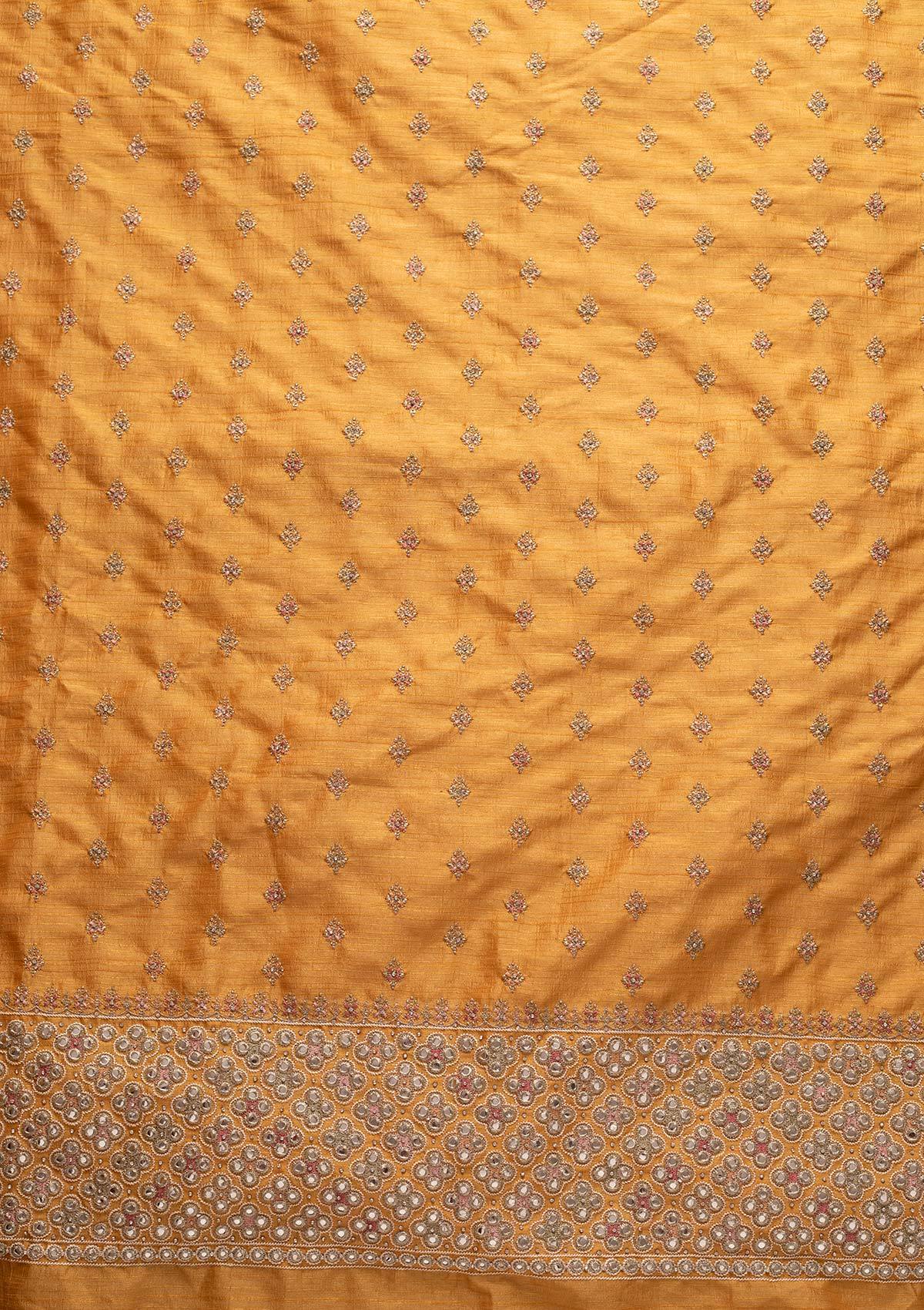 Yellow Mirrorwork Raw Silk Designer Unstitched Salwar Suit - koskii