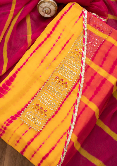 Yellow Mirrorwork Semi Crepe Unstitched Salwar Suit-Koskii