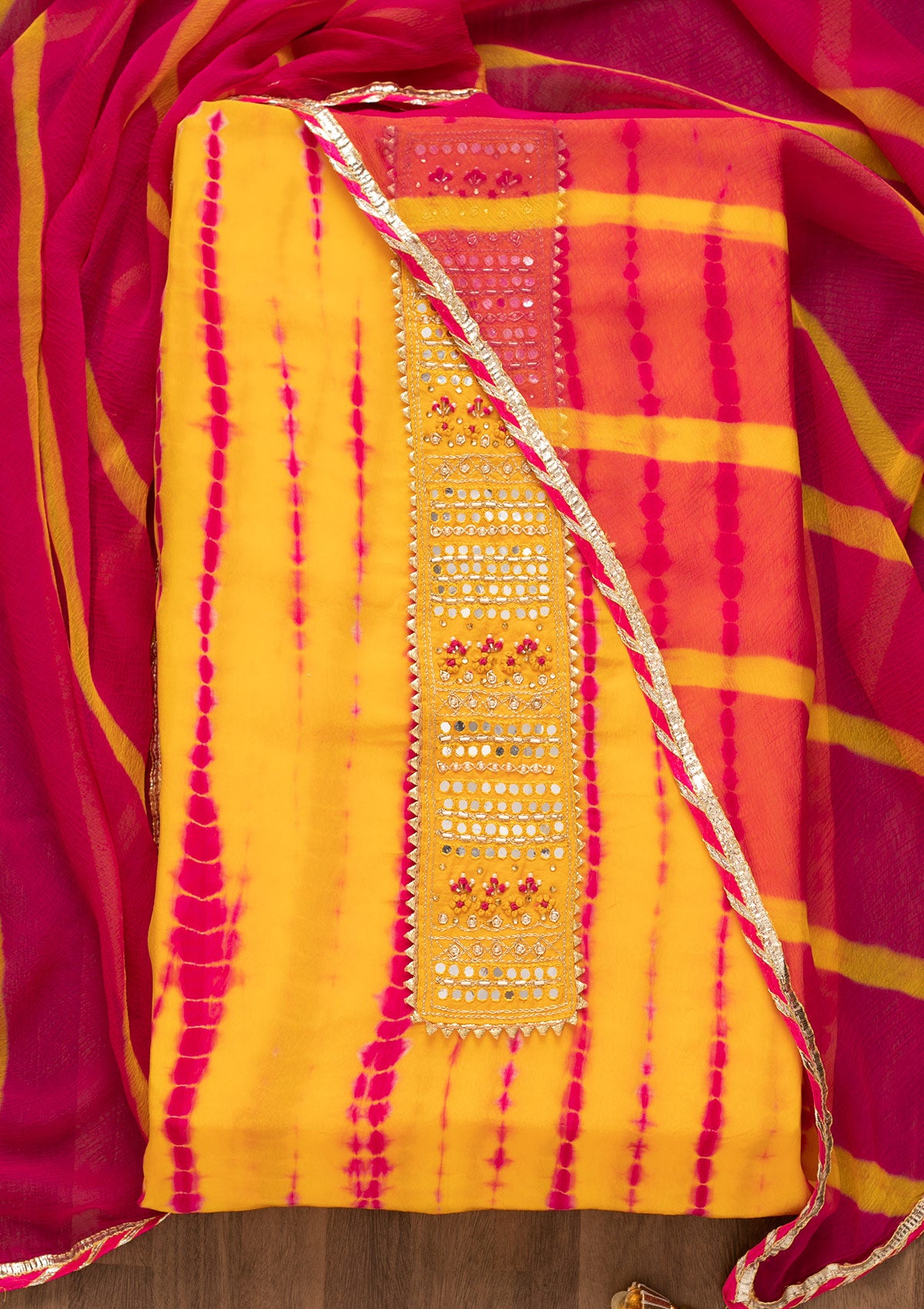 Yellow Mirrorwork Semi Crepe Unstitched Salwar Suit-Koskii