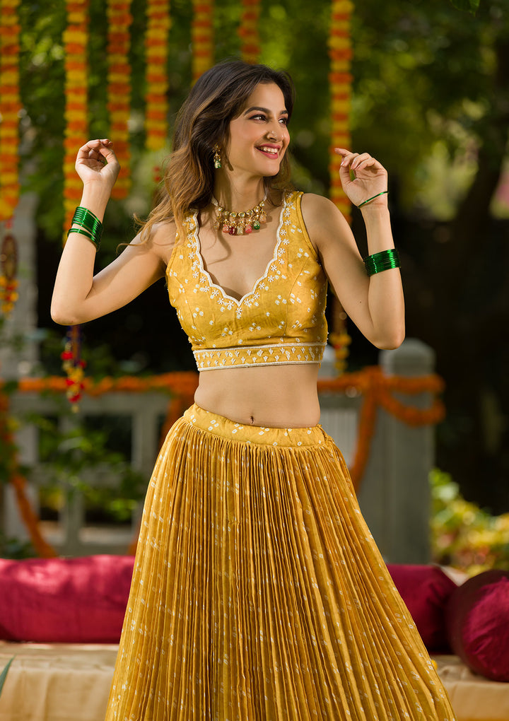 Yellow Printed Semi Crepe Readymade Lehenga Set-Koskii