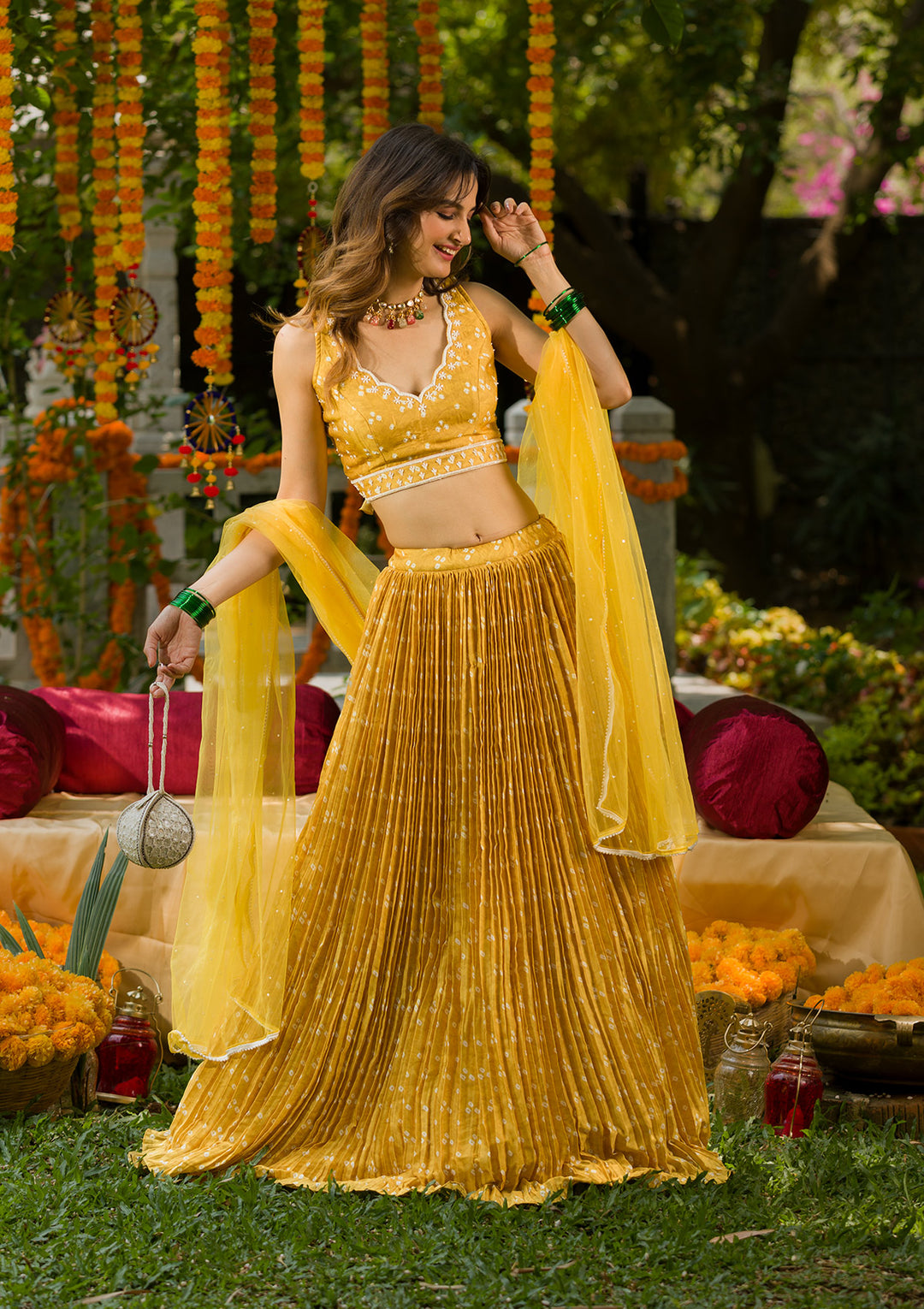 Yellow Printed Semi Crepe Readymade Lehenga Set-Koskii