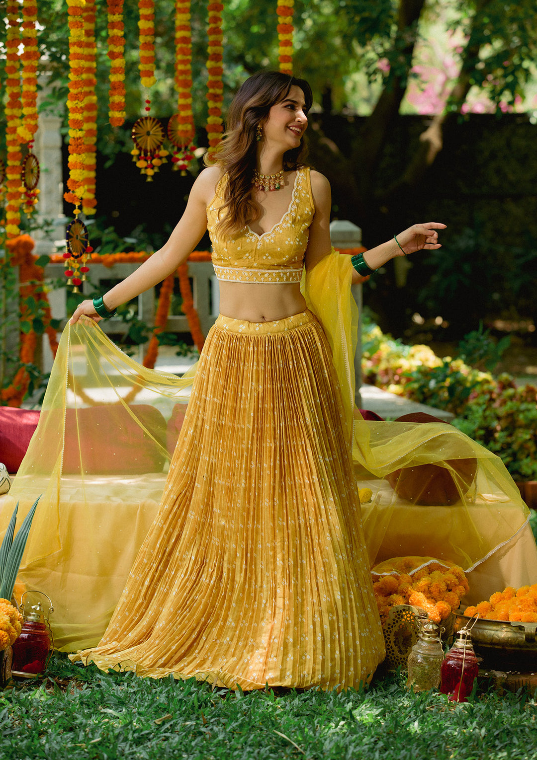 Yellow Printed Semi Crepe Readymade Lehenga Set-Koskii