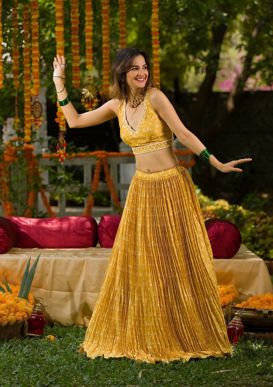 Yellow Printed Semi Crepe Readymade Lehenga Set-Koskii