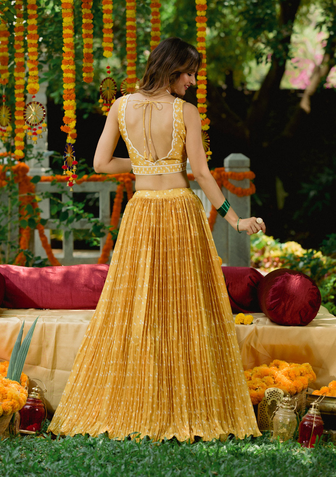 Yellow Printed Semi Crepe Readymade Lehenga Set-Koskii