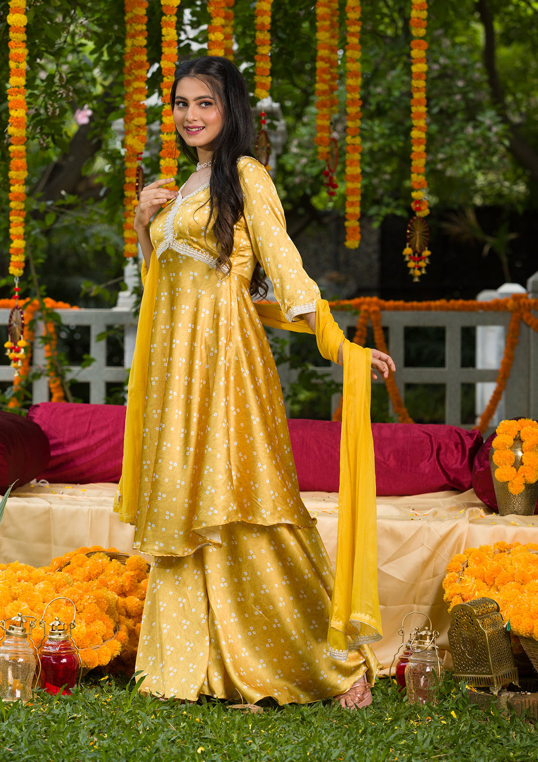 Yellow Printed Semi Crepe Readymade Salwar Suit-Koskii