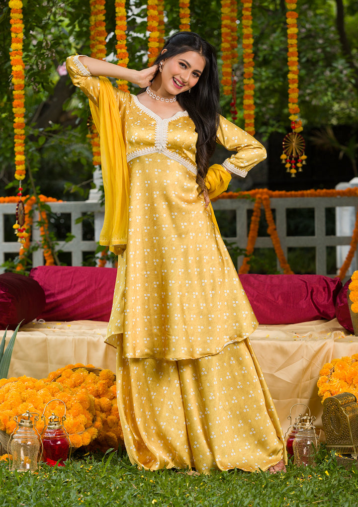 Yellow Printed Semi Crepe Readymade Salwar Suit-Koskii