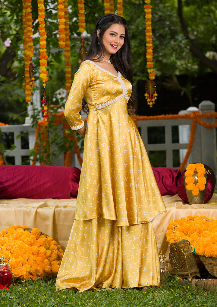 Yellow Printed Semi Crepe Readymade Salwar Suit-Koskii