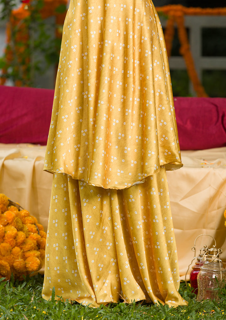 Yellow Printed Semi Crepe Readymade Salwar Suit-Koskii