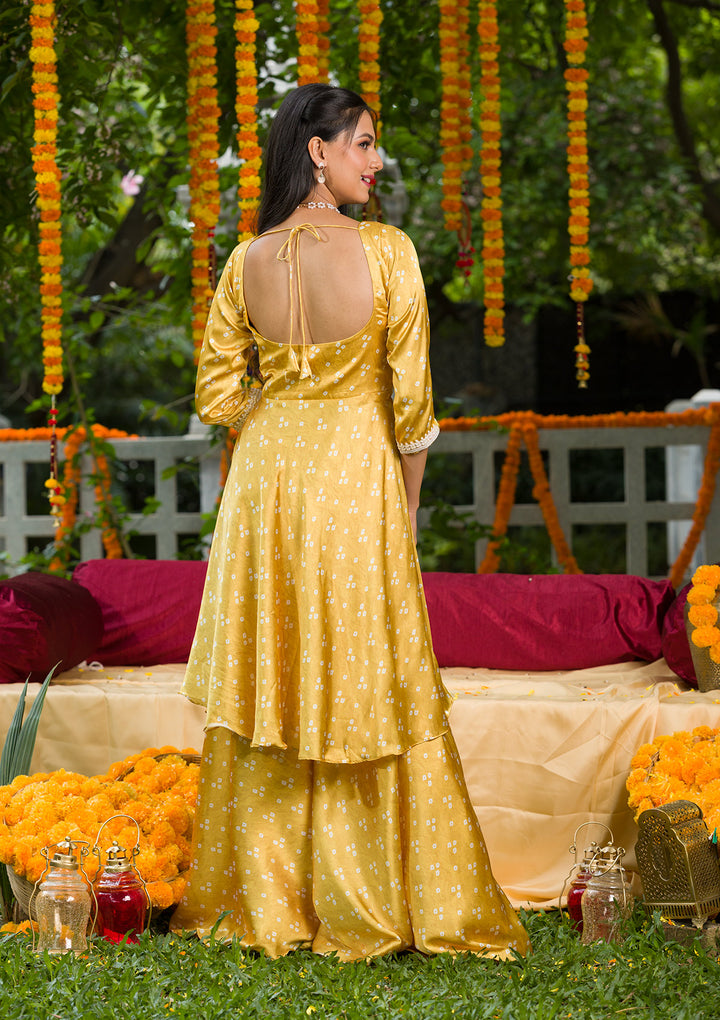 Yellow Printed Semi Crepe Readymade Salwar Suit-Koskii