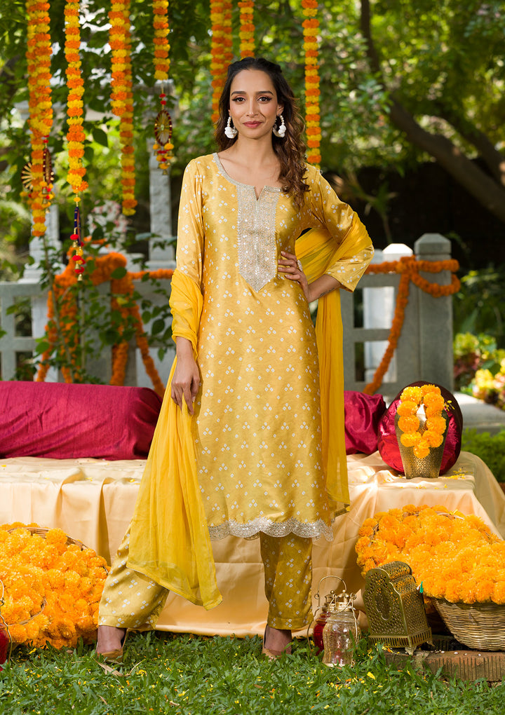 Yellow Bandhani Semi Crepe Readymade Salwar Suit-Koskii