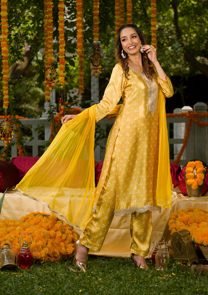 Yellow Bandhani Semi Crepe Readymade Salwar Suit-Koskii