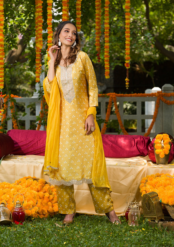 Yellow Bandhani Semi Crepe Readymade Salwar Suit-Koskii