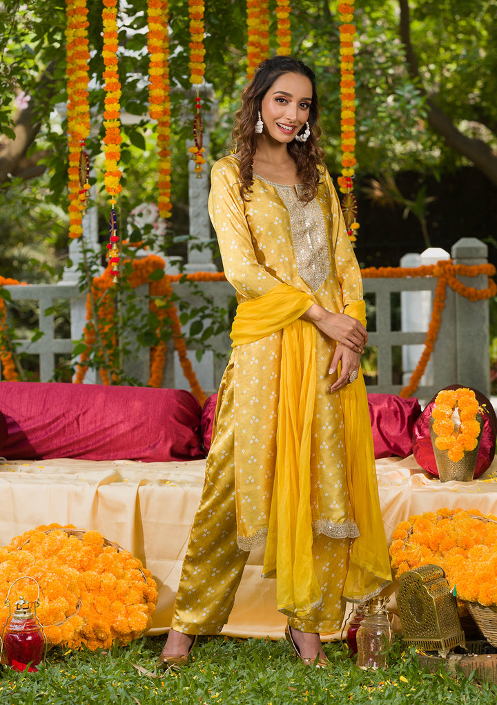 Yellow Bandhani Semi Crepe Readymade Salwar Suit-Koskii