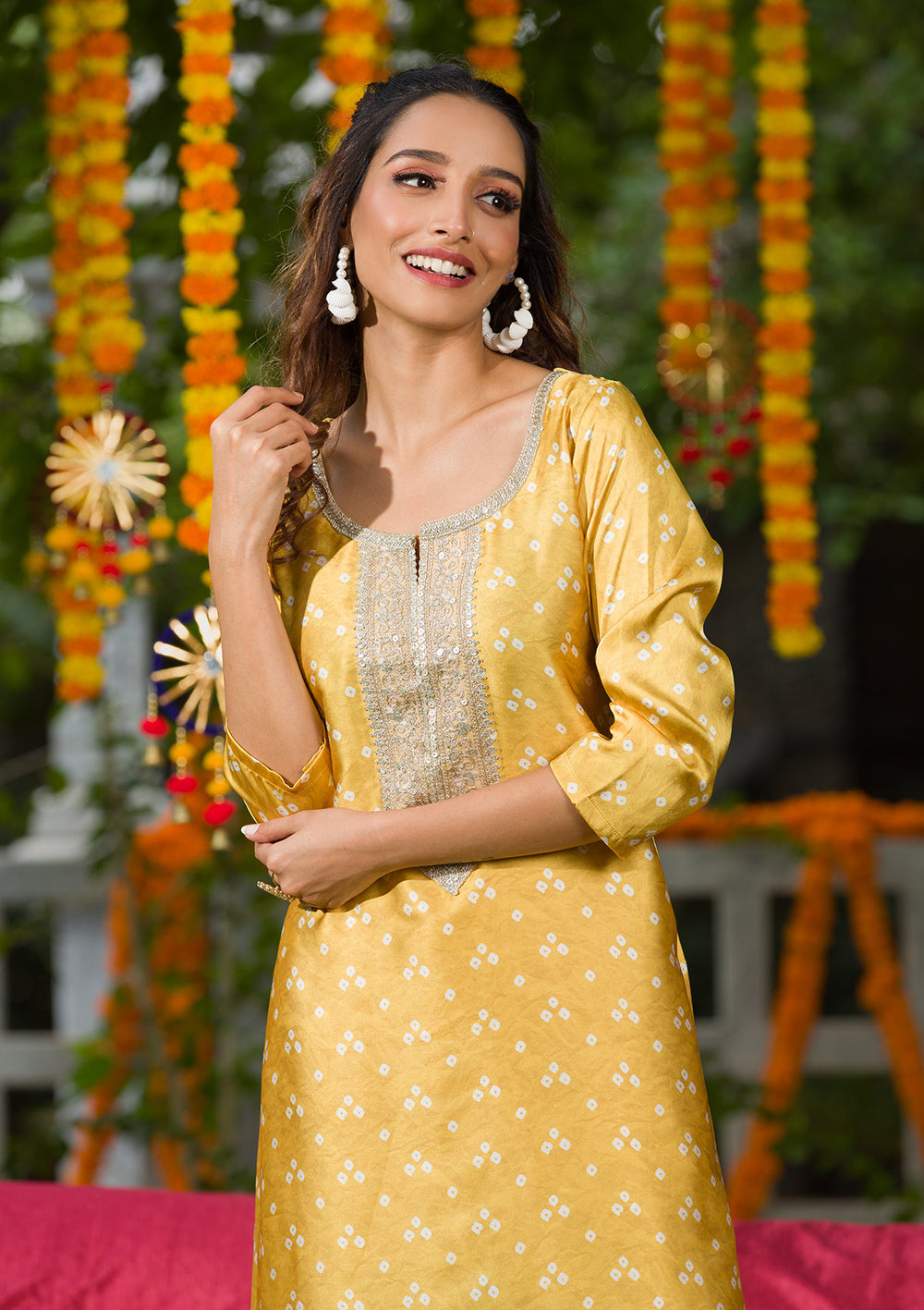 Yellow Bandhani Semi Crepe Readymade Salwar Suit-Koskii