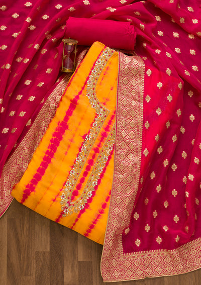 Yellow Printed Soft Silk Unstitched Salwar Suit-Koskii