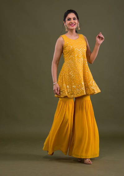Yellow Sequins Georgette Readymade Salwar Suit-Koskii