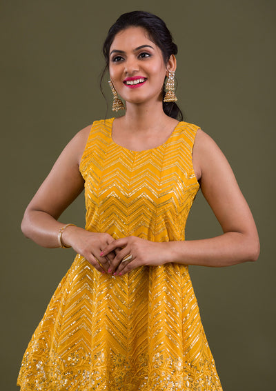 Yellow Sequins Georgette Readymade Salwar Suit-Koskii