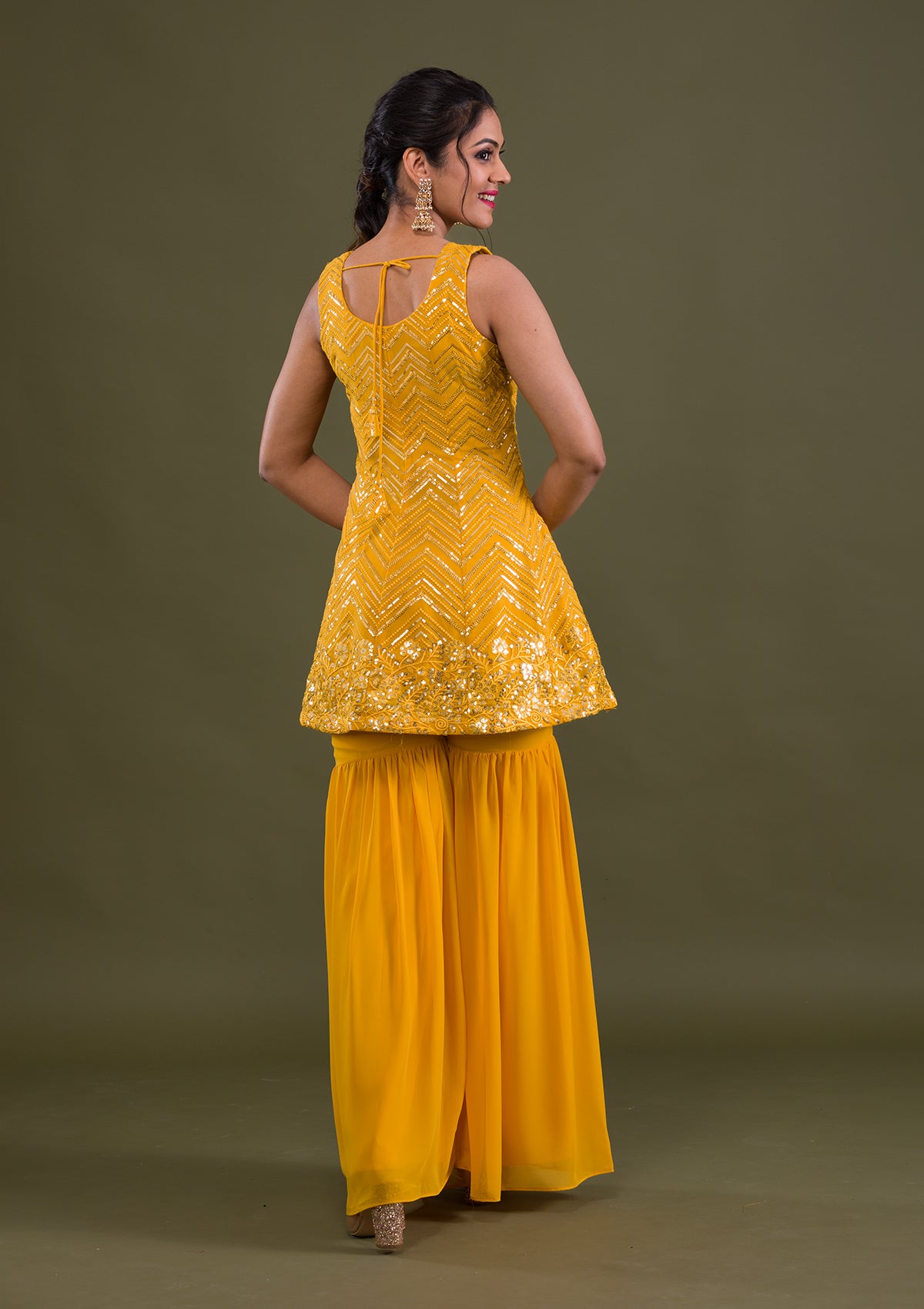 Yellow Sequins Georgette Readymade Salwar Suit-Koskii