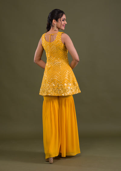 Yellow Sequins Georgette Readymade Salwar Suit-Koskii