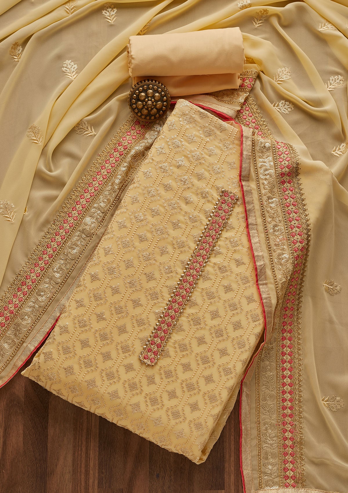 Yellow Sequins Georgette Designer Semi-Stitched Salwar Suit - Koskii