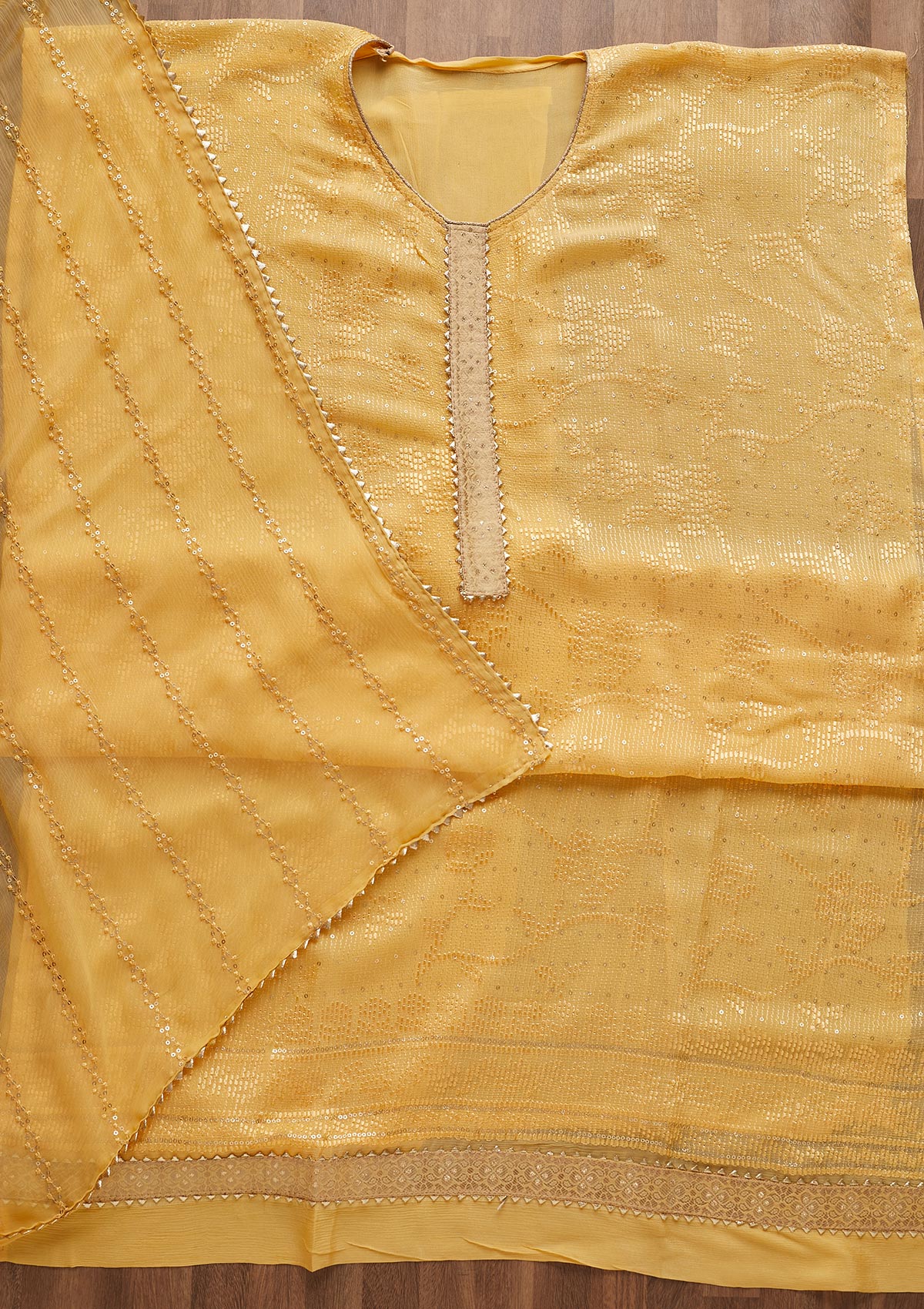 Yellow Sequins Georgette Semi-Stitched Salwar Suit-Koskii
