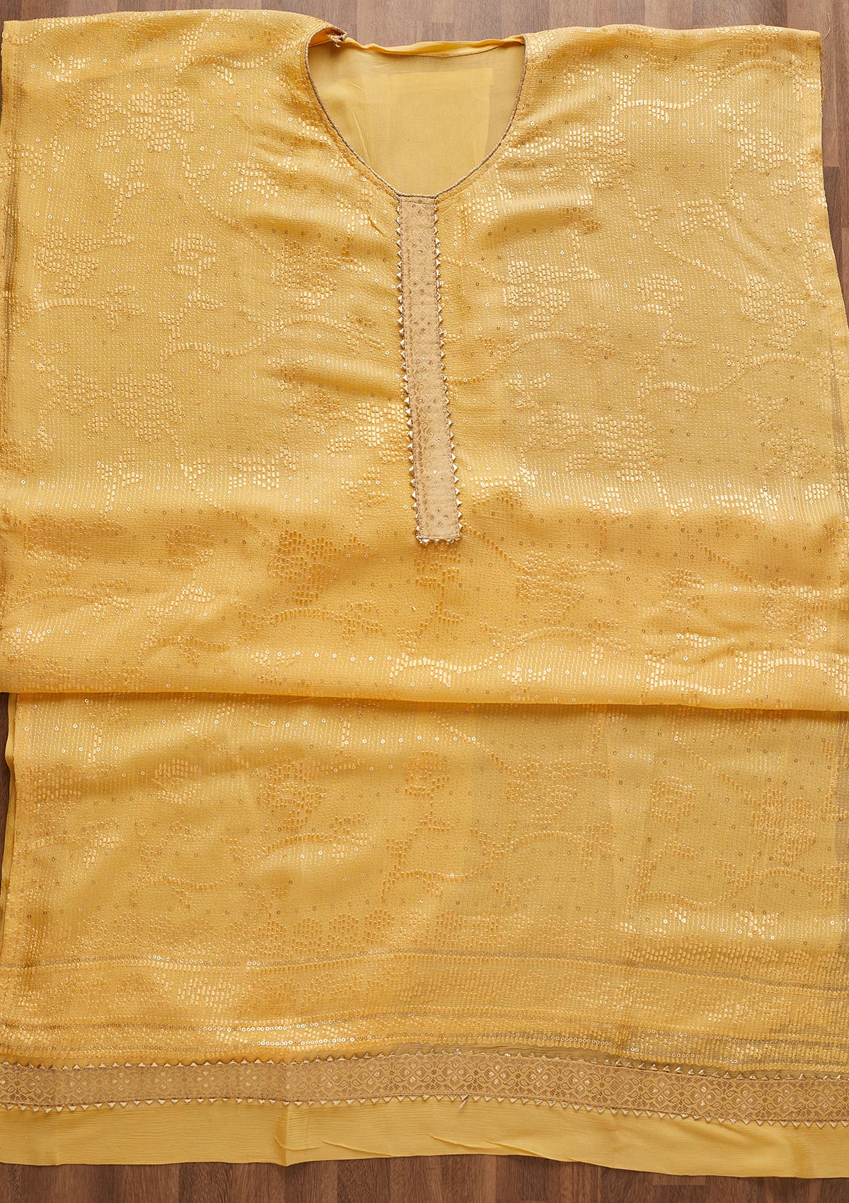Yellow Sequins Georgette Semi-Stitched Salwar Suit-Koskii