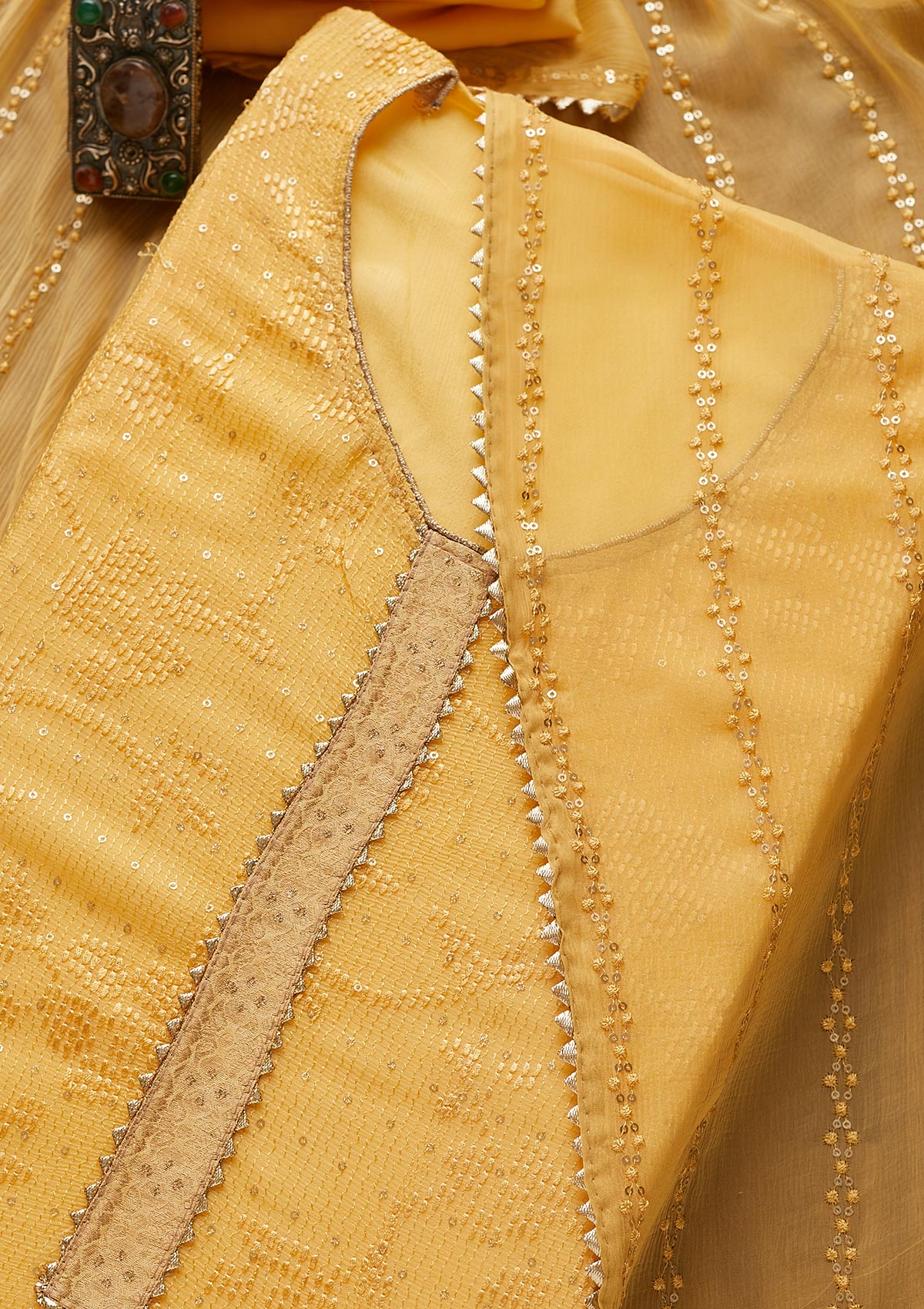 Yellow Sequins Georgette Semi-Stitched Salwar Suit-Koskii