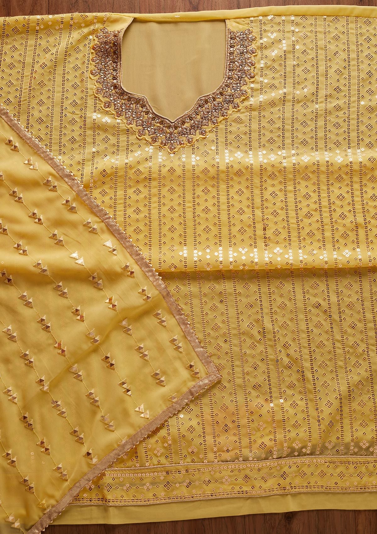 Yellow Sequins Georgette Designer Unstitched Salwar Suit - koskii