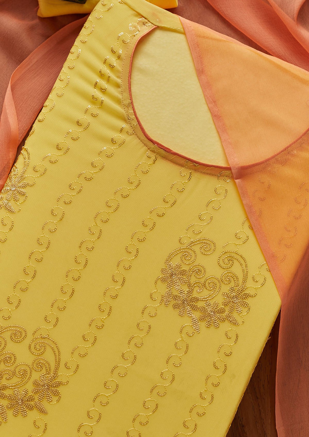 Yellow Sequins Georgette Designer Unstitched Salwar Suit - koskii