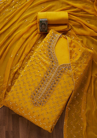 Yellow Sequins Georgette Unstitched Salwar Suit - Koskii